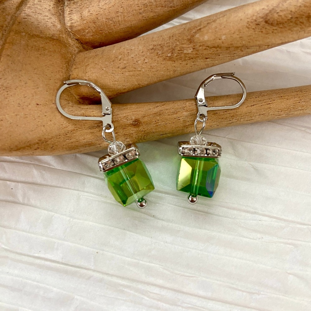Green Faceted Cube Rhinestone Silver Tone Dangle Drop Earrings